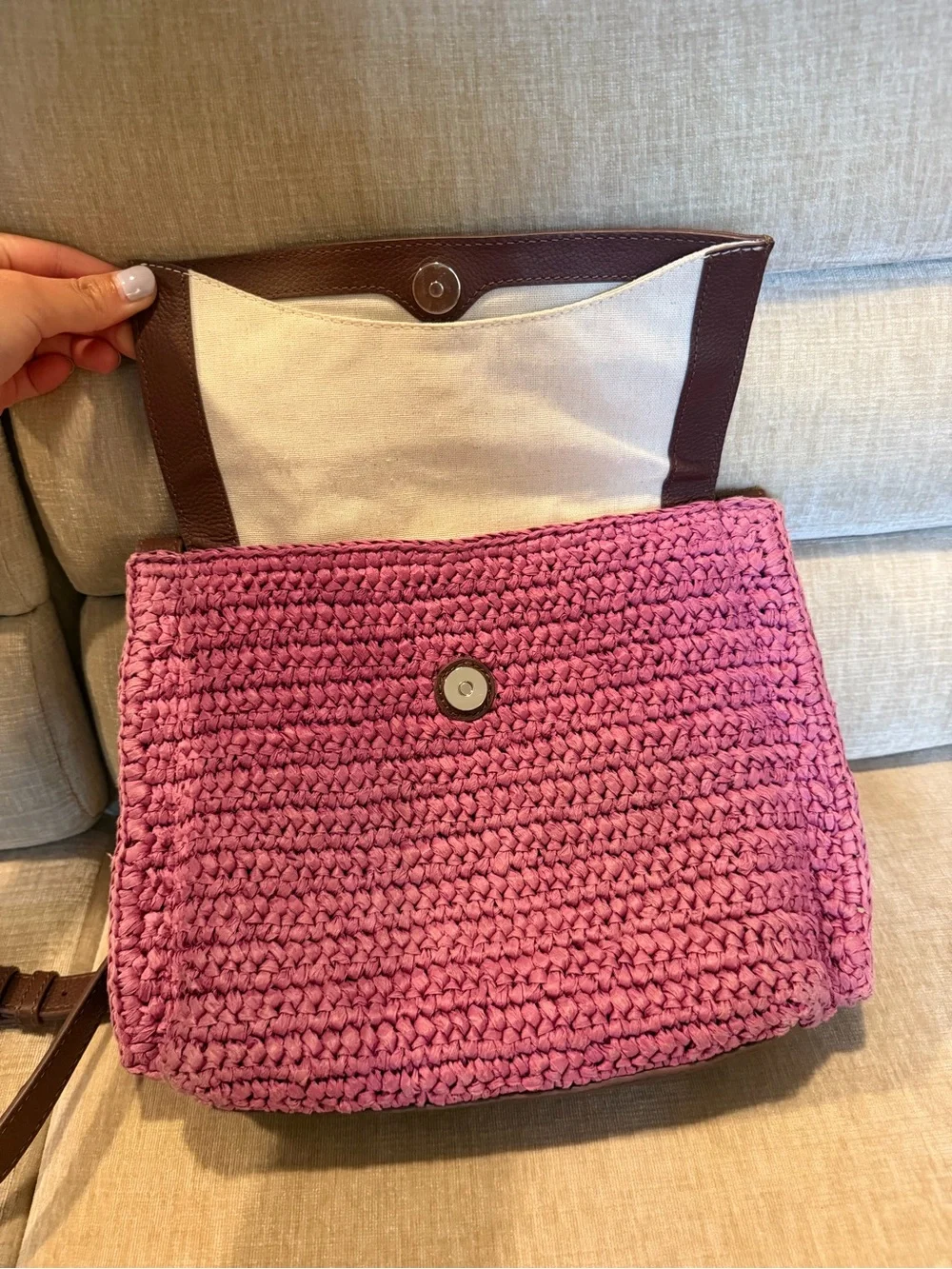 Vince Camuto Livee Raffia Large Crossbody Bag – Sandalwood/Rose Pink & Brown